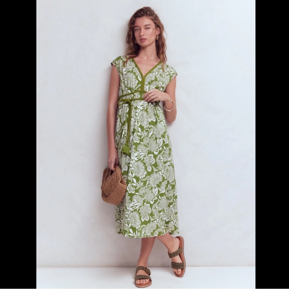 NWT BODEN Heidi Ruched Rope Jersey Dress Long in Olive Elegant Blossom